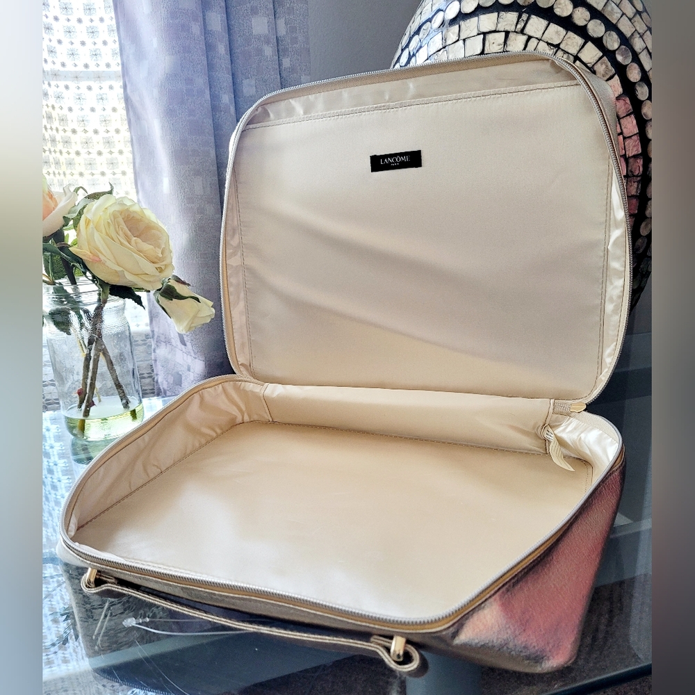 LANCOME Paris Women's Cosmetic/MakeUp Travel Case Gold Rose Zip Logo 13"×10"×3" - Picture 14 of 16